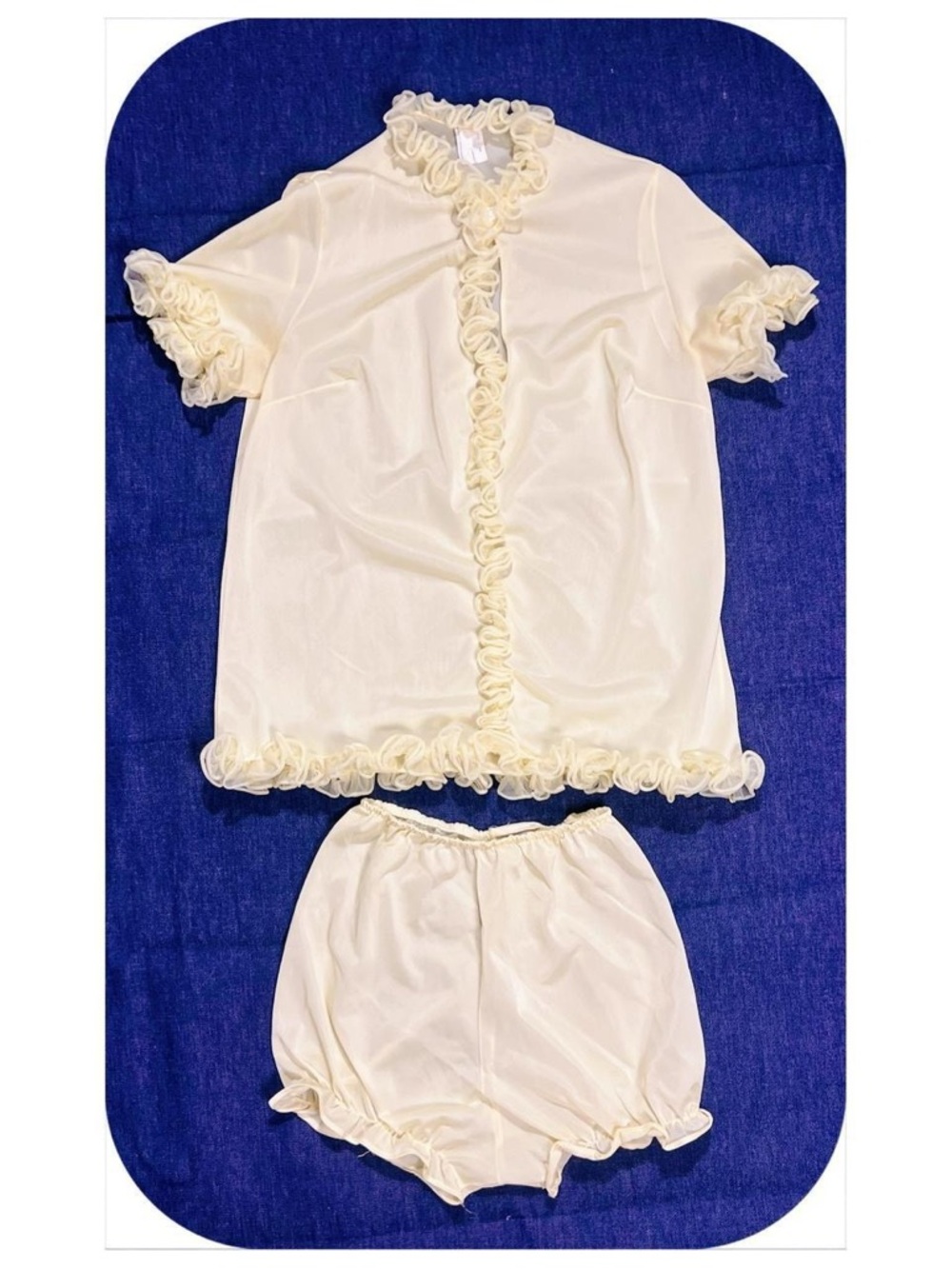 VTG 60s Retro Butter Yellow Nylon Pajama Set With Ruffles + Micro Short Bloomers
